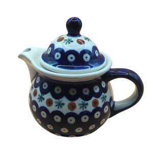 Boleslawiec Polish Pottery Nature French Small Handcrafted Teapot Blue & White